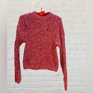 Red semi-fitted cardigan sweater.